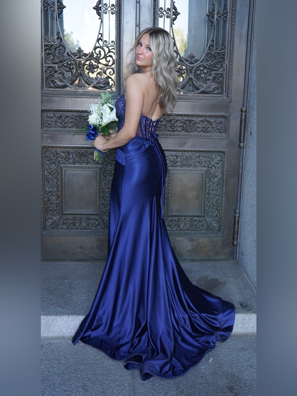 Sherri Hill Navy Blue Strapless Corset-Style Satin Evening Gown